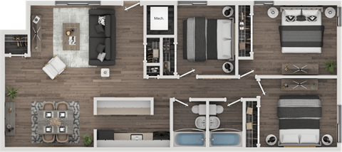Floor plan for 3 beds, 2 baths, 1372 sqft